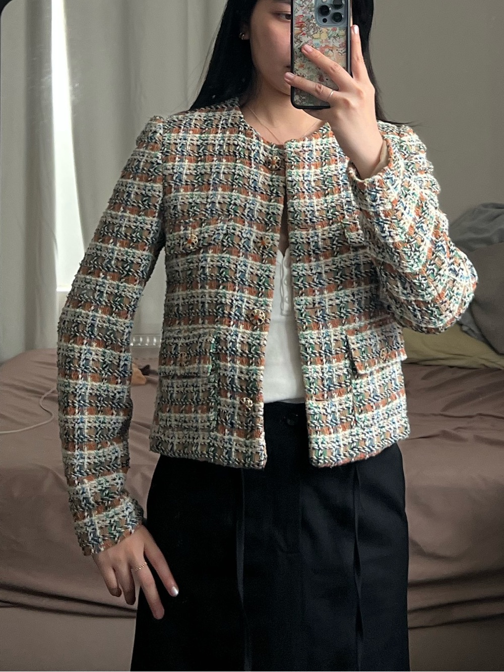 Mango Cropped Tweed Jacket in Cream, Brown & Green